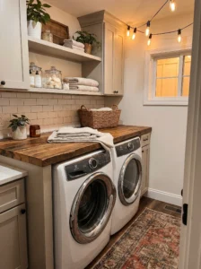 Compact folding station above washer and dryer in small laundry room