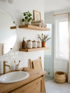 Wooden bathroom shelves adding warmth and natural style