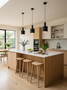 Scandinavian kitchen with sleek pendant lighting above a minimal island