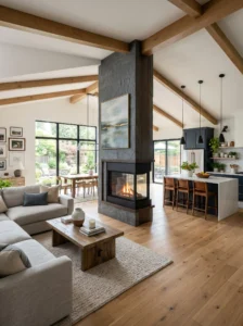 Shared focal point in open kitchen and living room