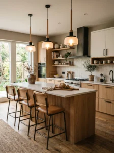 Mixed material pendant lights with wood and metal in modern kitchen