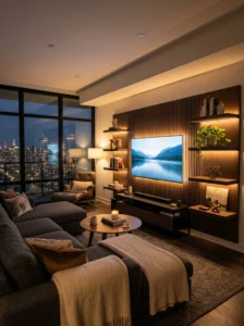 LED strip lighting behind TV adding modern ambient glow to living room