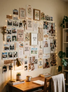 Teen bedroom wall collage with photos and aesthetic prints for personal style