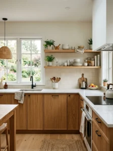 Kitchen with natural wood accents and warm modern design