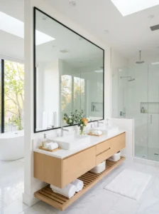 White bathroom with large mirror reflecting light to create a bright open space