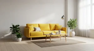 Minimalist living room with a yellow sofa as a bold focal point