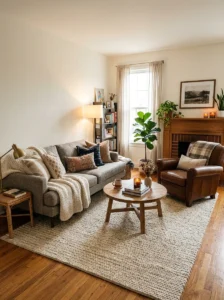 Area rug used in a small living room to define space and create a cohesive layout