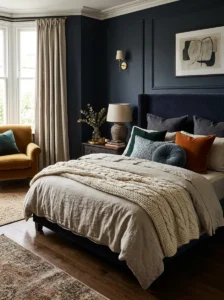 Layered textures in a bedroom using velvet, linen, and soft fabrics for a rich look