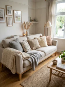 Cozy textiles in Scandinavian living room soft layered design