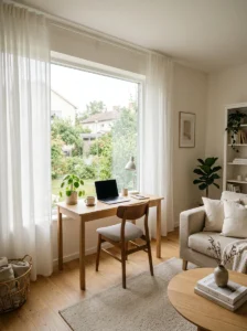 Desk under window in living room with natural lighting workspace
