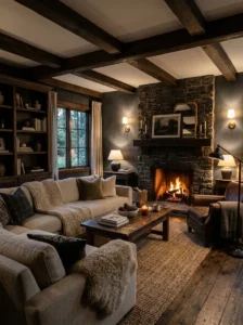 Dark wood furniture in cozy living room with layered textures and warm tones