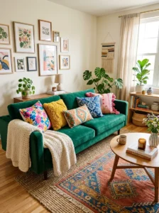 Green couch with patterned throw pillows decor idea