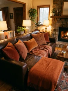 Brown couch living room with rust and burnt orange accents for a cozy warm feel