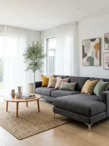 Grey couch styled with colorful accent pillows for a modern look