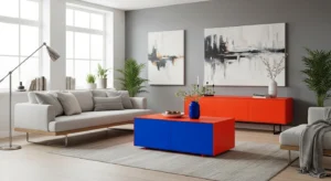 Painted furniture adding a pop of color to a neutral living room