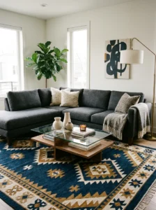 Grey couch paired with statement rug in modern living room
