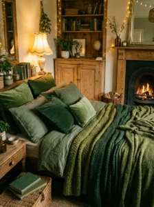 layered green textiles bedroom with cozy pillows and throws