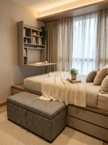 Multi-functional furniture in small bedroom for saving space
