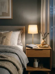 Clean nightstand styling in a modern men’s bedroom with minimal decor
