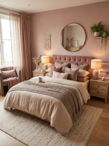 Dusty rose bedroom color palette with neutral and cozy styling