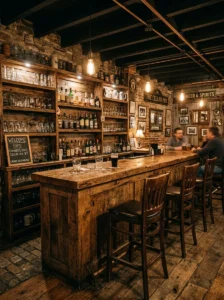 “Rustic basement bar with wooden counter and warm lighting”