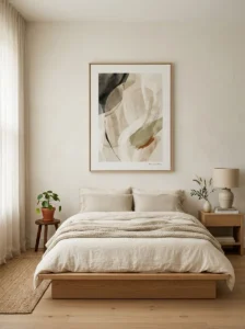 Simple wall art in Japandi bedroom with neutral minimal design
