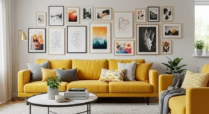 Yellow couch styled with a gallery wall for a personalized living room