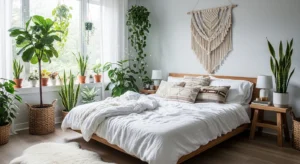 Indoor plants adding freshness to a boho bedroom