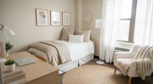 Neutral color palette creating a clean and calm dorm room