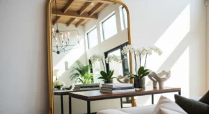 Behind sofa table with large decorative mirror