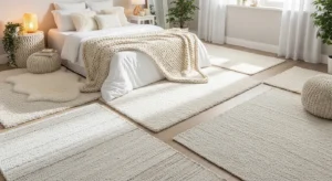 Layered white rugs adding warmth and texture