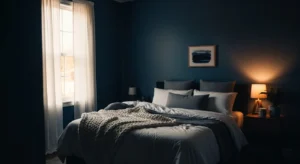 Moody blue bedroom creating a calm and cozy atmosphere
