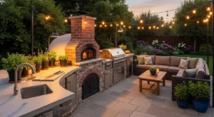 Outdoor kitchen featuring a pizza oven