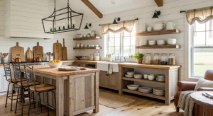 Shiplap walls adding texture to a farmhouse kitchen