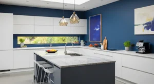 Painted accent wall adding depth to a colorful kitchen
