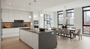 Open kitchen with dining area creating a connected space