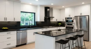White kitchen with black accents creating contrast