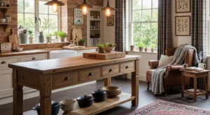 Rustic wooden island adding warmth to a kitchen