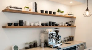Floating shelves making a coffee bar feel light and open