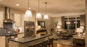 Different lighting defining kitchen and living areas