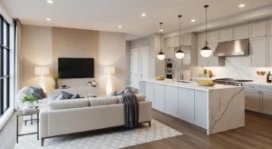 Layered lighting defining kitchen and living zones