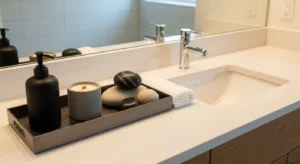 Decorative tray organizing bathroom essentials