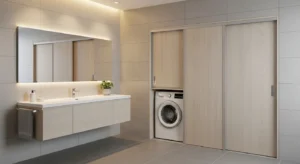 Sliding door cabinet concealing washing machine