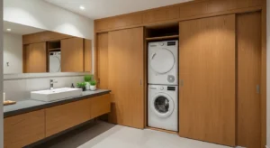 Sliding door hiding washing machine in compact bathroom