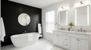 Black accent wall adding depth to bathroom