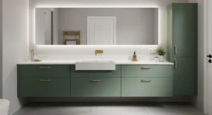 Green cabinets with brass accents adding elegance
