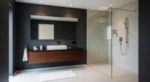 Glass shower balancing dark bathroom design