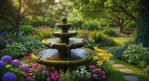 Tiered bird bath adding height and interest