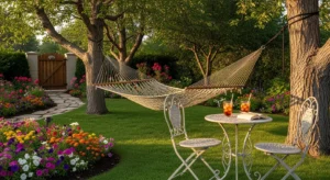 Hammock creating relaxing backyard spot