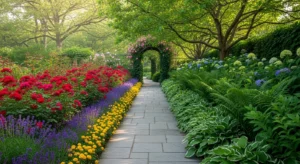 Flower beds along walkway creating inviting path